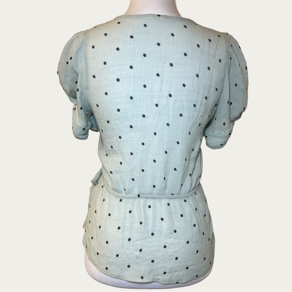 E & M‎ Women’s Chic Mint And Black Polka Dot Wrap Blouse Bow Detail Size Small - Picture 2 of 15